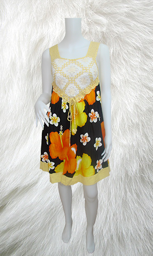100% Spun Rayon Printed Dress With HandMade Embroidery In Yellow Black